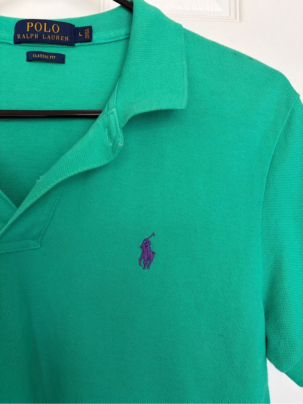 Ralph Lauren mens Polo shirt in green with purple logo Large
